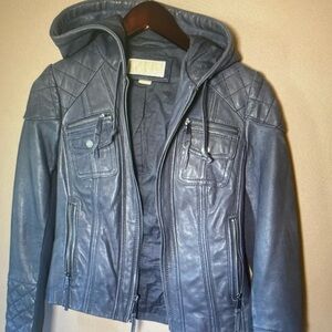 Michael Kors Navy Hooded Leather Jacket with Quilted Shoulders